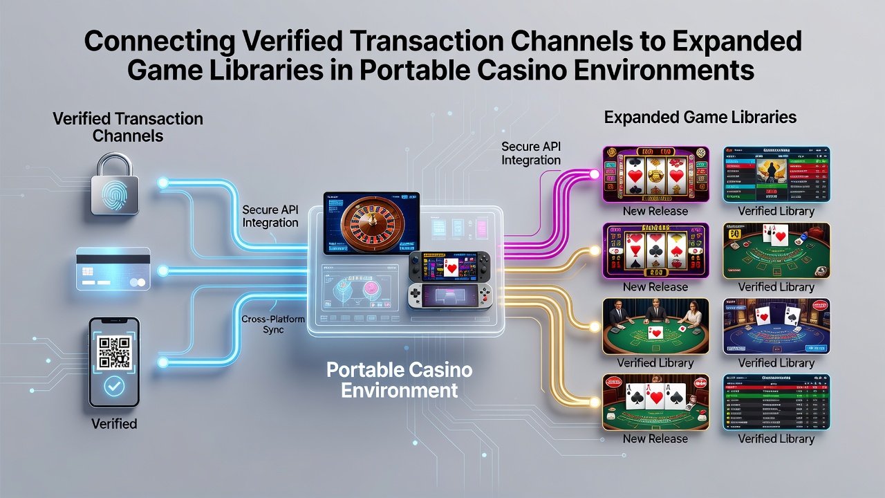 Diagram of portable casino transaction pathways linking to diverse game collections on mobile interfaces