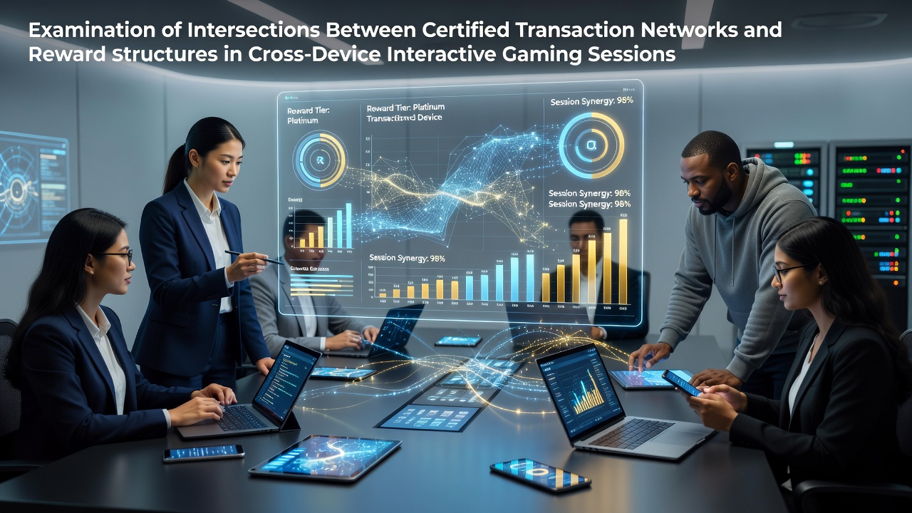 Illustration of certified transaction networks connecting multiple gaming devices with reward structures overlaid
