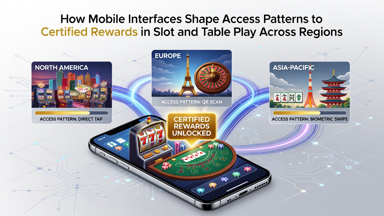 Mobile interface layouts showing certified reward pathways in slot and table games