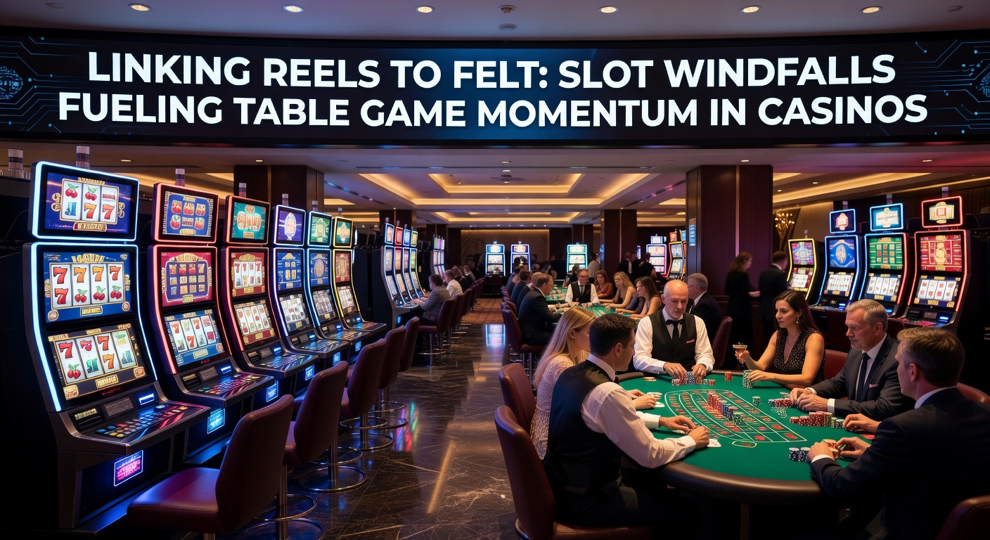 Casino floor showing vibrant slot machines next to bustling blackjack tables, capturing the energy of wins transitioning to table play