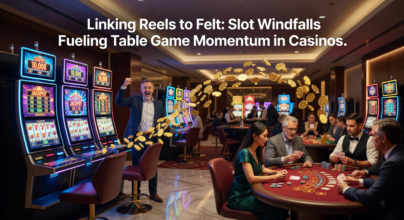 Close-up of a thrilled slot winner exchanging chips at a table game pit, symbolizing the direct flow from machine wins to live action