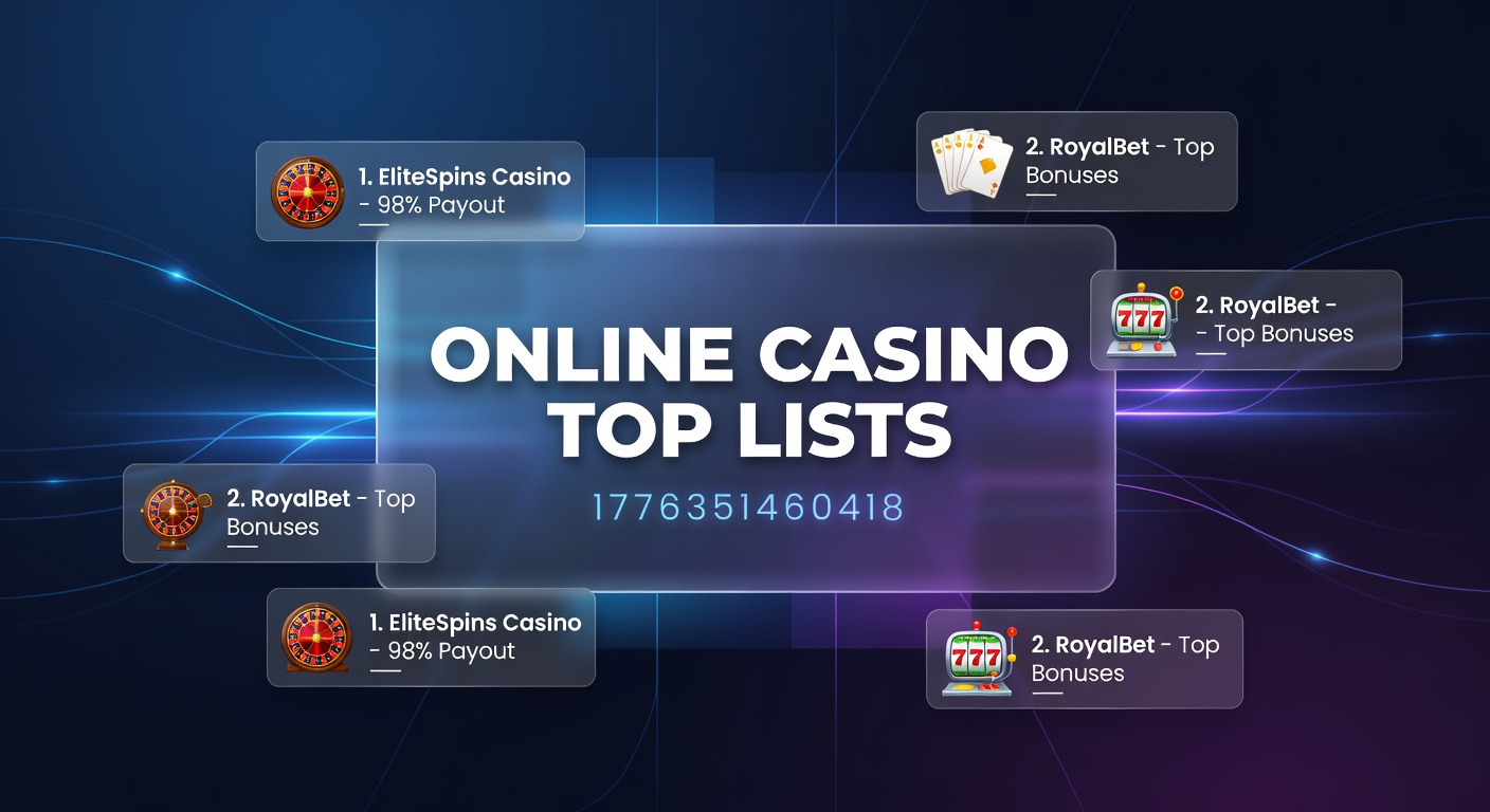 A dynamic collage of online casino interfaces displaying top-ranked sites, bonus offers, and player testimonials, highlighting the vibrancy of ranked lists in the digital gaming world