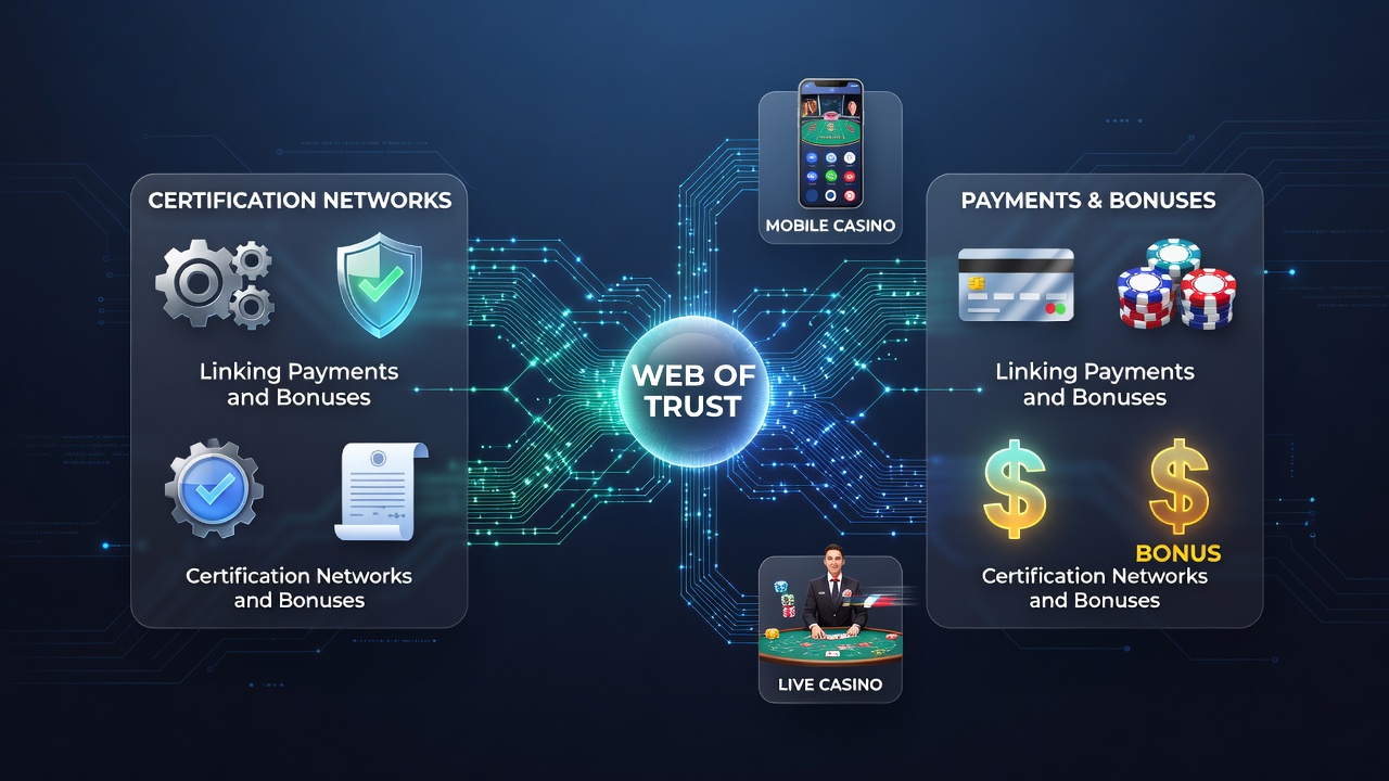 Diagram showing interconnected certification nodes between payment processors and bonus distribution systems in casino platforms