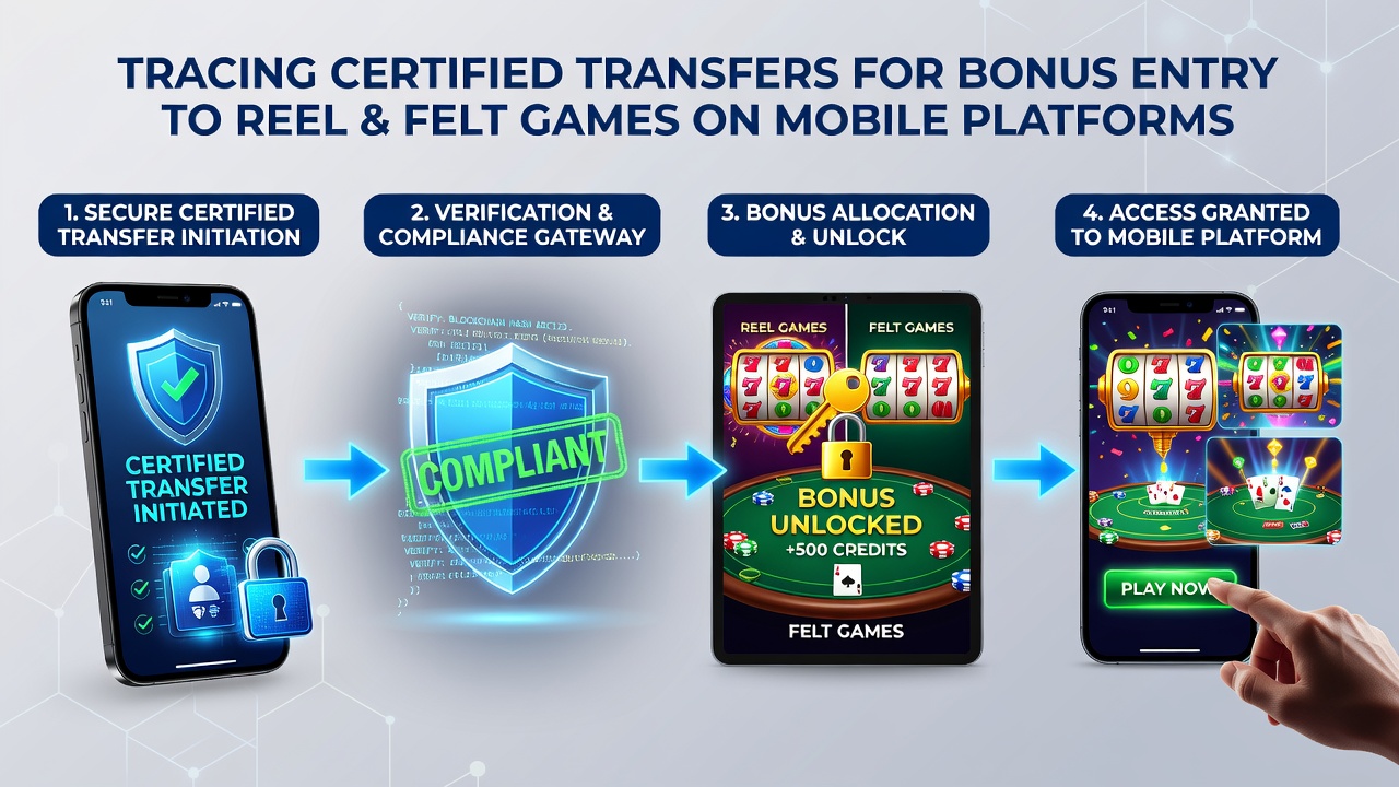 Flowchart showing certified transfers converting to reel and table game bonuses on mobile devices